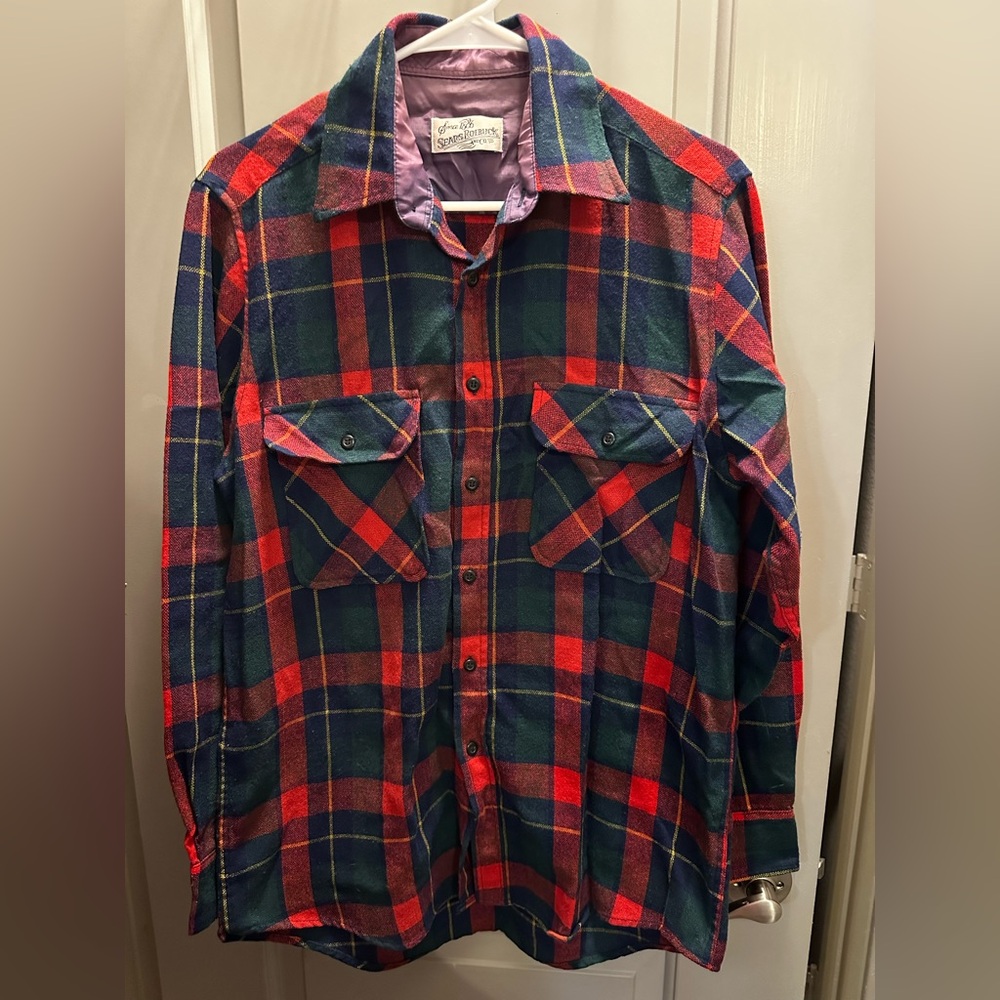 Sears and Roebuck Co. Size M Tall Plaid Wool Blend Button Down Shirt EUC.